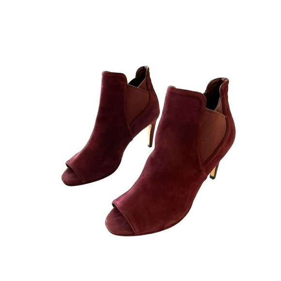 Cole Haan Size 7B Burgundy Suede Peep Toe Ankle Heel Booties - Picture 4 of 8